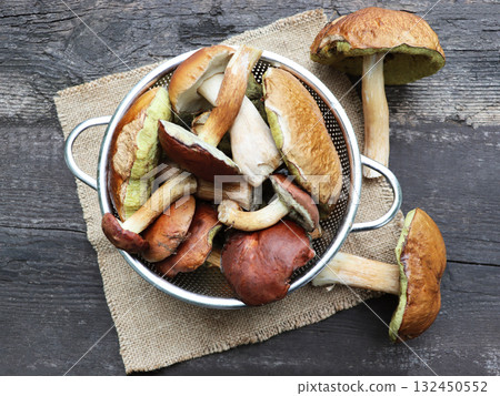 Mushroom Boletus in a bowl over Wooden Background. Autumn Mushrooms	 132450552