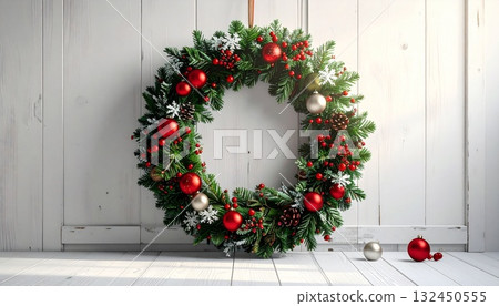 聖誕花圈和白色木牆 132450555