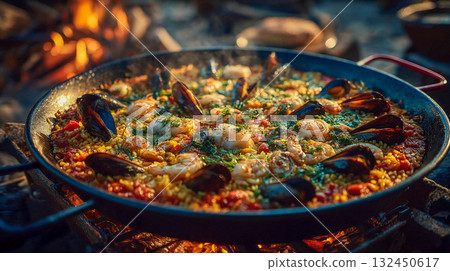 Paella, cooked in a large frying pan over an open fire. Paella, cooked in a large frying pan over an open fire. 132450617