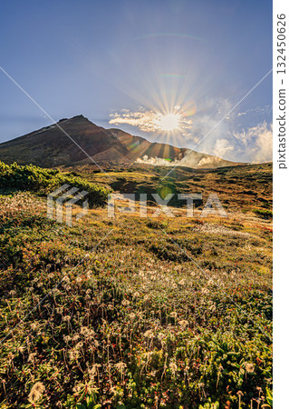 Autumn grassland dyed by Mount Asahi - alpine scenery enveloped in morning light 132450626