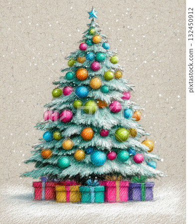 A painted picture of a Christmas tree.	 132450912