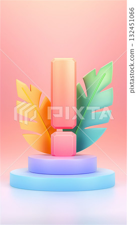 An exclamation mark stands on a podium surrounded by tropical leaves, a 3D illustration in light colors. 132451066