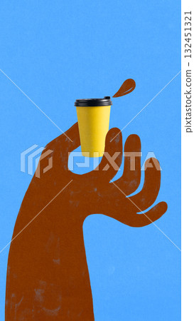 Minimalist pop art collage. Brown hand holding yellow takeaway coffee cup on blue background Minimalist pop art collage. Brown hand holding yellow takeaway coffee cup on blue background 132451321