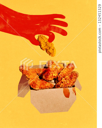 Collage art. Red hand picking crispy fried chicken from paper box on yellow background 132451329