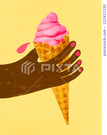 Trendy digital collage. Dark hand holding pink ice cream cone on yellow background 132451330