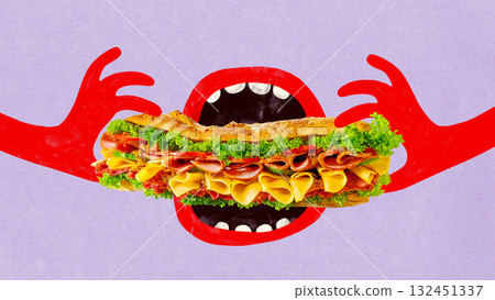 Creative digital artwork. Red hands holding giant sandwich with open mouth on vivid purple background. 132451337