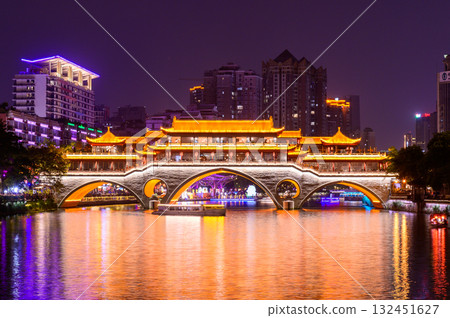 Beautiful night view of Anshun Lang Bridge in Chengdu, Sichuan, China Beautiful night view of Anshun Lang Bridge in Chengdu, Sichuan, China 132451627