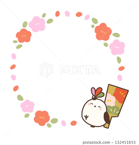 New Year's Long-tailed Tit Frame | Scandinavian-style floral pattern and battledore 132451653