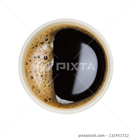 Top view of coffee with bubble in disposable paper cup isolated on white background 132451722