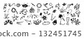 Hand drawn line movement elements, doodle black marker anime manga expression symbols, action lines 132451745