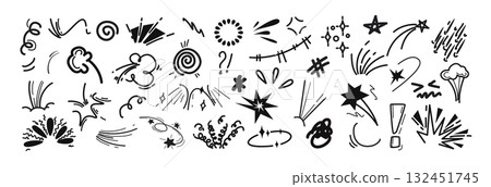 Hand drawn line movement elements, doodle black marker anime manga expression symbols, action lines Hand drawn line movement elements, doodle black marker anime manga expression symbols, action lines 132451745