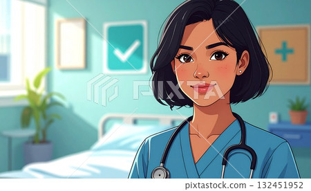 Illustration of a young woman with a stethoscope 132451952