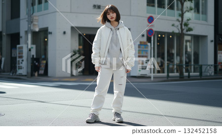 一名身著街頭時尚服裝的女子在城市街角擺姿勢 132452158