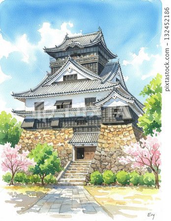 We have reviewed the image you sent us. A watercolor painting of a Japanese castle (shukaku) towering on a stone wall and cherry blossoms. 132452186