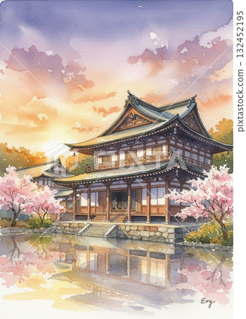 水彩畫描繪了一座帶有陽台和精心維護的花園的傳統日本房屋 水彩畫描繪了一座帶有陽台和精心維護的花園的傳統日本房屋 132452195