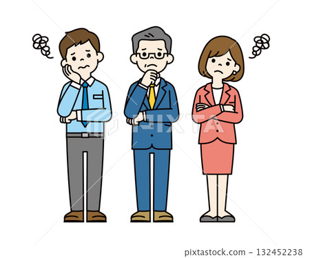 煩惱、憂慮、思考的男女商人全身向量插圖素材集_顏色 132452238