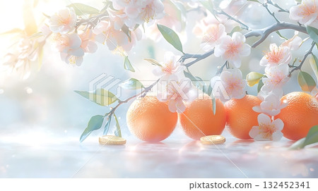 Delicate floral arrangement with oranges and coins reflecting spring's vibrant beauty 132452341