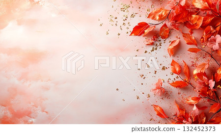 Elegant Autumn Leaves with Soft Pink Background and Delicate Floral Accents 132452373