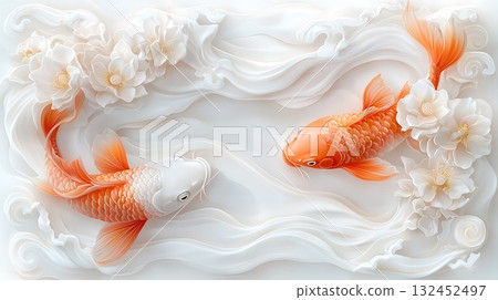 Elegant koi fish swimming amidst soft floral elements in serene water setting 132452497