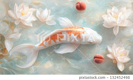 Graceful Koi Fish Swimming Among Beautiful Water Lilies and Soft Peach Fruits in a Serene Pond 132452498