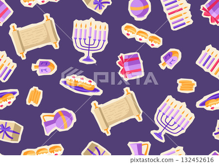 Happy Hanukkah pattern with stickers. Background with holiday objects. Happy Hanukkah pattern with stickers. Background with holiday objects. 132452616