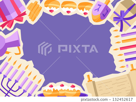 Happy Hanukkah frame with stickers. Illustration with holiday objects. 132452617