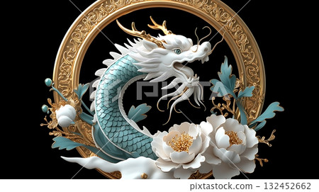Beautiful Dragon Sculpture with Floral Decor in Gold and Turquoise on Black Background Beautiful Dragon Sculpture with Floral Decor in Gold and Turquoise on Black Background 132452662