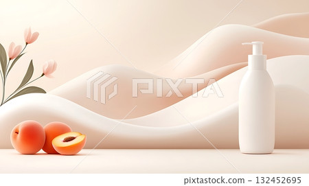 Elegant Cosmetic Bottle with Fresh Peaches Against Soft Creamy Background 132452695