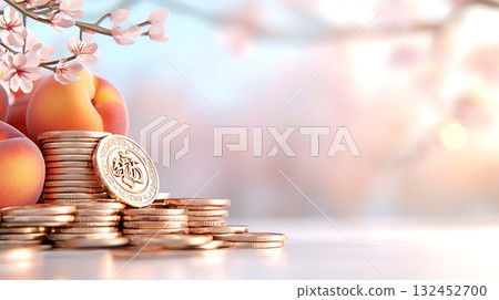 Peach Fruit, Decorative Flowers, and Coins on a Soft Background in a Spring Setting 132452700