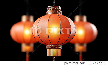 Elegant Red Lanterns with Soft Glow Illuminating in a Dark Background for Festive Decor Elegant Red Lanterns with Soft Glow Illuminating in a Dark Background for Festive Decor 132452733