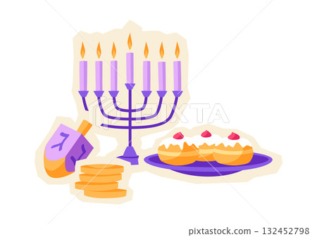 Happy Hanukkah sticker with traditional symbols. Holiday image in cartoon style. Happy Hanukkah sticker with traditional symbols. Holiday image in cartoon style. 132452798