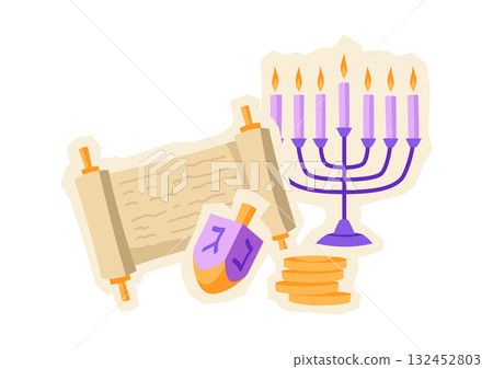 Happy Hanukkah sticker with traditional symbols. Holiday image in cartoon style. 132452803