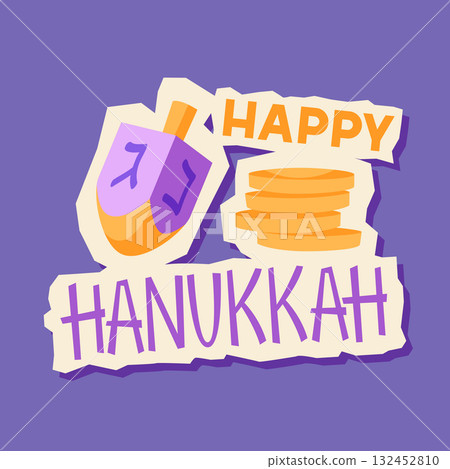 Happy Hanukkah sticker with dreidel and coins. Holiday image in cartoon style. 132452810