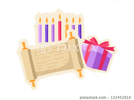 Happy Hanukkah sticker with traditional symbols. Holiday image in cartoon style. Happy Hanukkah sticker with traditional symbols. Holiday image in cartoon style. 132452818