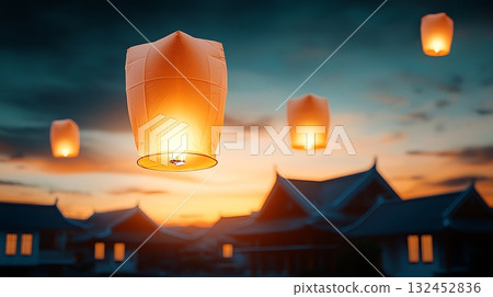 Enchanted Evening with Floating Lanterns Against a Twilight Sky Over Traditional Architecture 132452836