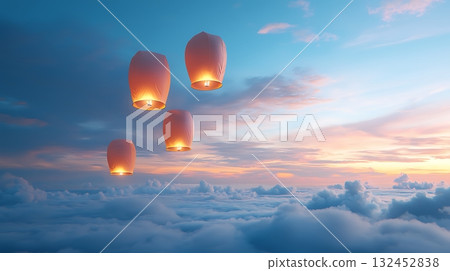Floating Lanterns in a Colorful Sky during Sunset Above Soft White Clouds Floating Lanterns in a Colorful Sky during Sunset Above Soft White Clouds 132452838
