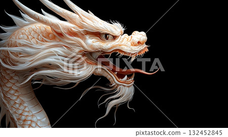 Majestic White Dragon with Flowing Mane and Fierce Expression on Black Background Majestic White Dragon with Flowing Mane and Fierce Expression on Black Background 132452845