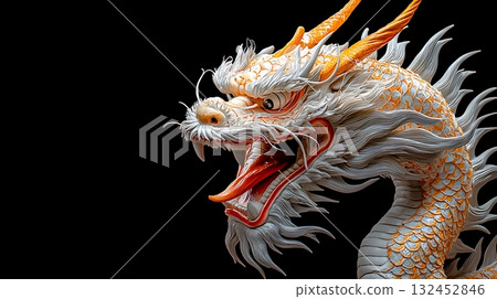 Majestic dragon sculpture with intricate details and expressive features on a black background 132452846