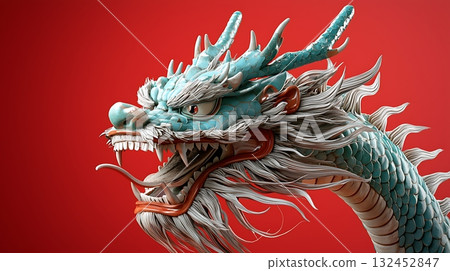 Powerful and Majestic Dragon Sculpture in Blue and White Against Bright Red Background Powerful and Majestic Dragon Sculpture in Blue and White Against Bright Red Background 132452847