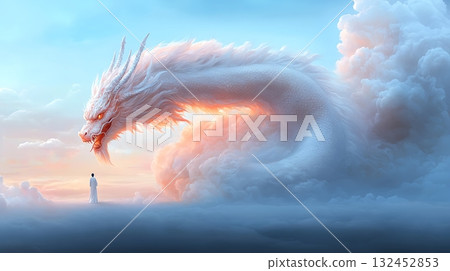 Majestic white dragon emerging from clouds under an enchanting sunrise sky Majestic white dragon emerging from clouds under an enchanting sunrise sky 132452853