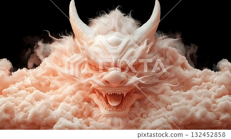 Fierce Cloud Creature with Horns and Ferocious Expression Emerging from Vapors 132452858