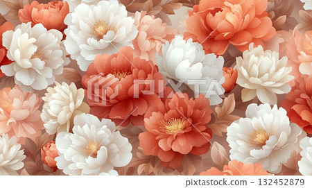 Stunning Floral Pattern Design with Peonies and Hues of Coral, Cream, and White Blossoms 132452879