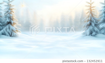 Serene Winter Landscape with Snowy Trees and Soft Light at Dawn Serene Winter Landscape with Snowy Trees and Soft Light at Dawn 132452911