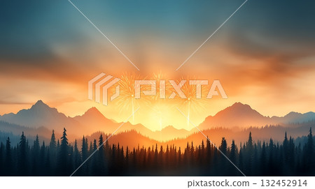 Majestic Mountain Landscape with Colorful Fireworks Display during Sunset 132452914