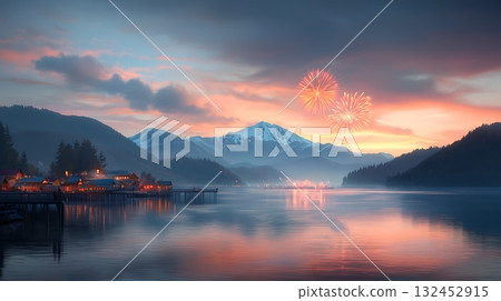 Stunning Mountain View With Fireworks Reflected in Calm Lake at Dusk Stunning Mountain View With Fireworks Reflected in Calm Lake at Dusk 132452915
