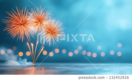 Vibrant Fireworks Display Against a Soft Blue Background with Bokeh Lights Vibrant Fireworks Display Against a Soft Blue Background with Bokeh Lights 132452916