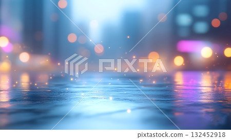Glowing Urban Street with Colorful Bokeh Lights and Reflections on Wet Pavement at Night Glowing Urban Street with Colorful Bokeh Lights and Reflections on Wet Pavement at Night 132452918