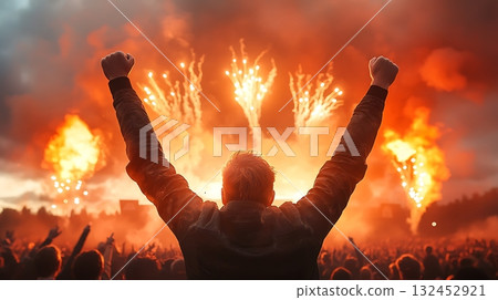 Vibrant Celebration with Fireworks and Excited Crowd at Concert Event at Dusk Vibrant Celebration with Fireworks and Excited Crowd at Concert Event at Dusk 132452921