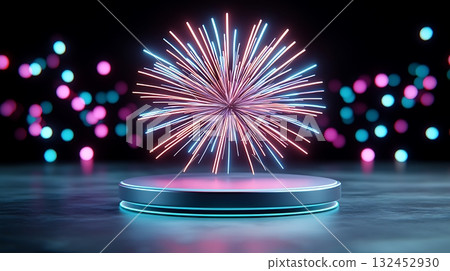 Colorful Fireworks Display on a Dark Background with Soft Highlights and Glowing Circles 132452930