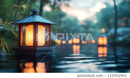 Serene Lanterns Illuminating Tranquil Waters in a Calm Nature Setting at Dusk 132452941